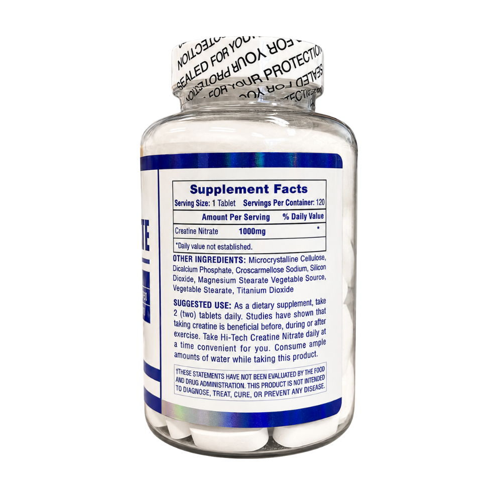 Bottle of hi-tech pharmaceuticals creatine nitrate supplement with label on a white background