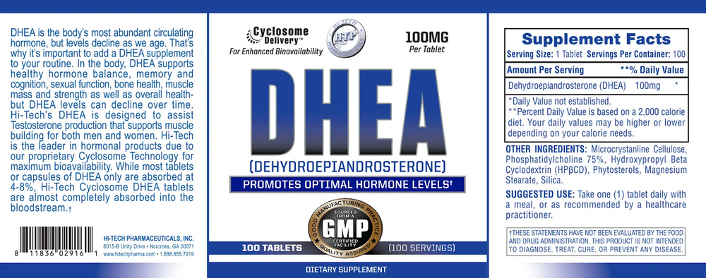 Hi-Tech Pharmaceuticals DHEA 100mg 100 Tablets supplement bottle on a white background.