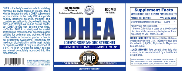 Hi-Tech Pharmaceuticals DHEA 100mg 100 Tablets full label with product description, name, and supplement facts.
