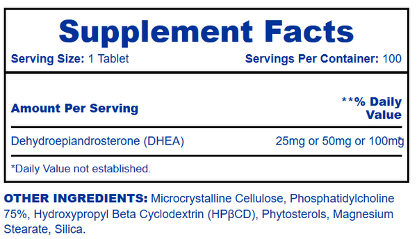 Hi-Tech Pharmaceuticals DHEA 100mg 100 Tablets supplement facts listed on a white background