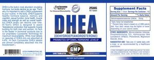 Hi-Tech Pharmaceuticals DHEA 25mg 100 Tablets full label including product information, name, and supplement facts of the product.