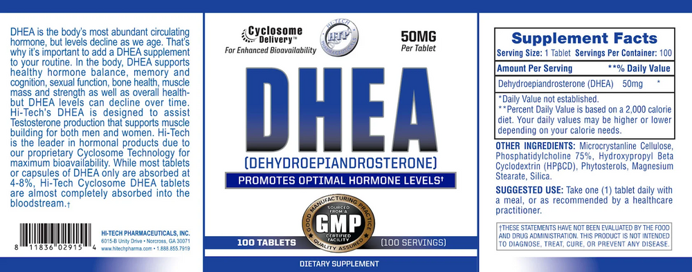 Hi-Tech Pharmaceuticals DHEA 50mg 100 Tablets bottle image on a white background