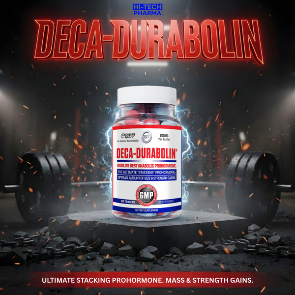 Hi-Tech Deca-Durabolin lifestyle image with the bottle in the center of the image surrounded by weights.
