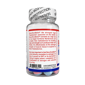 A clear plastic bottle of Deca-DurBolin capsules shown from the back, featuring a white seal tape around the neck and a white label with red and blue borders and black text.