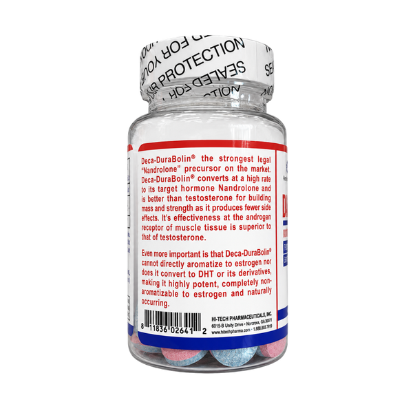 A clear plastic bottle of Deca-DurBolin capsules shown from the back, featuring a white seal tape around the neck and a white label with red and blue borders and black text.