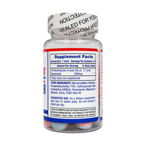 A clear plastic bottle of dietary supplements with a white cap sealed in a protective wrap, showing the Supplement Facts label on the back. The bottle contains pink and blue tablets, visible through the clear container, set against a plain white background.