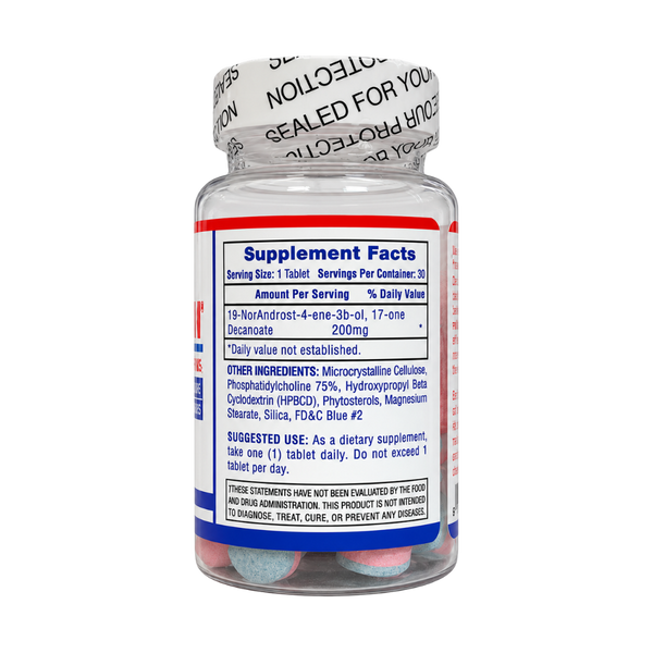 A clear plastic bottle of dietary supplements with a white cap sealed in a protective wrap, showing the Supplement Facts label on the back. The bottle contains pink and blue tablets, visible through the clear container, set against a plain white background.