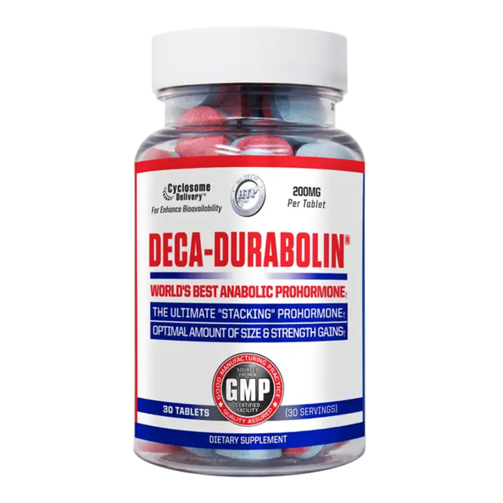A bottle of Deca-Durabolin dietary supplement containing 30 red and blue tablets, with a white cap and a white, red, and blue label.