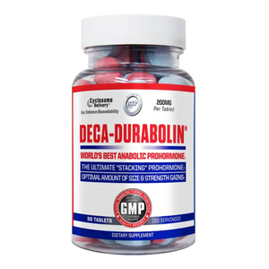 A bottle of Deca-Durabolin dietary supplement containing 30 red and blue tablets, with a white cap and a white, red, and blue label.