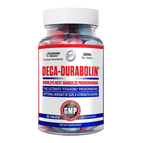 A bottle of Deca-Durabolin dietary supplement containing 30 red and blue tablets, with a white cap and a white, red, and blue label.