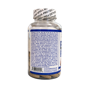 A clear plastic bottle of H-Tech Pharmaceuticals Enosace capsules, showing the back label and white seal tape, on a white background.