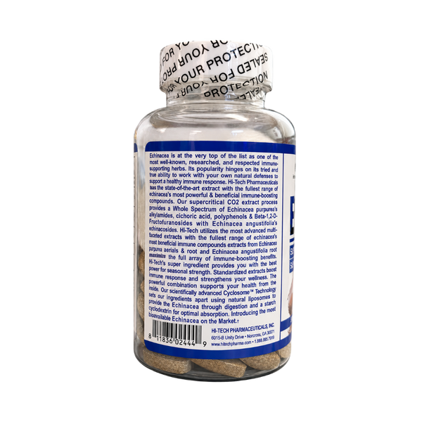 A clear plastic bottle of H-Tech Pharmaceuticals Enosace capsules, showing the back label and white seal tape, on a white background.