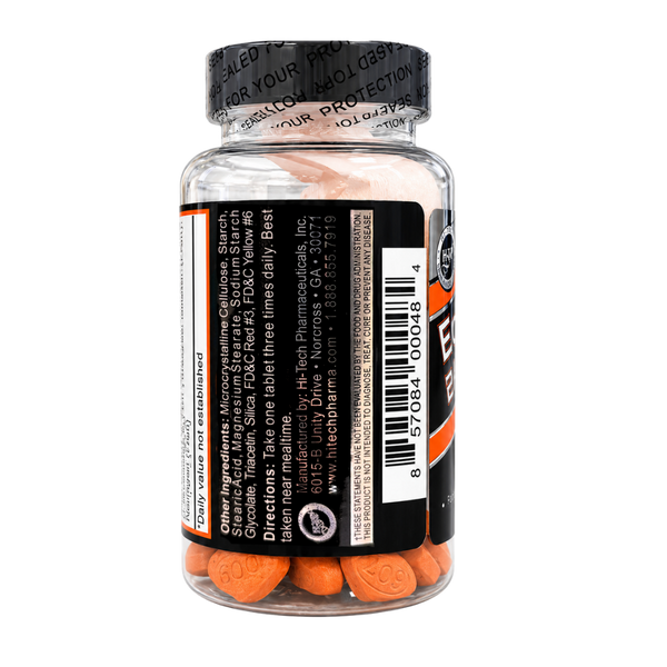 A clear supplement bottle with a black cap and black label, showing orange tablets inside. The label includes a barcode, product ingredients, directions, and a circular logo.