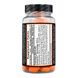 A clear supplement bottle with orange capsules visible inside, a black cap, and a black label with white and orange text. The label prominently shows Supplement Facts.