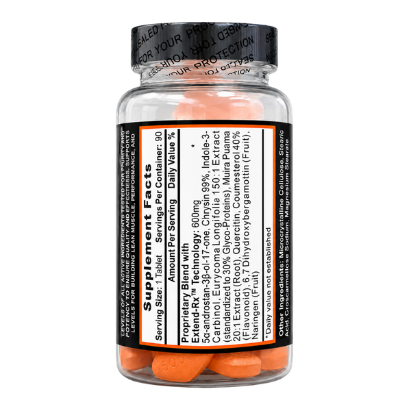 A clear supplement bottle with orange capsules visible inside, a black cap, and a black label with white and orange text. The label prominently shows Supplement Facts.