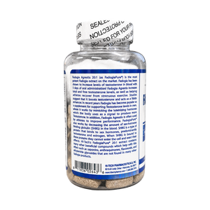 A clear plastic bottle of Fadogia Agrestis dietary supplement by Hi-Tech Pharmaceutical, showing the back label and white wax-sealed cap on a white background.