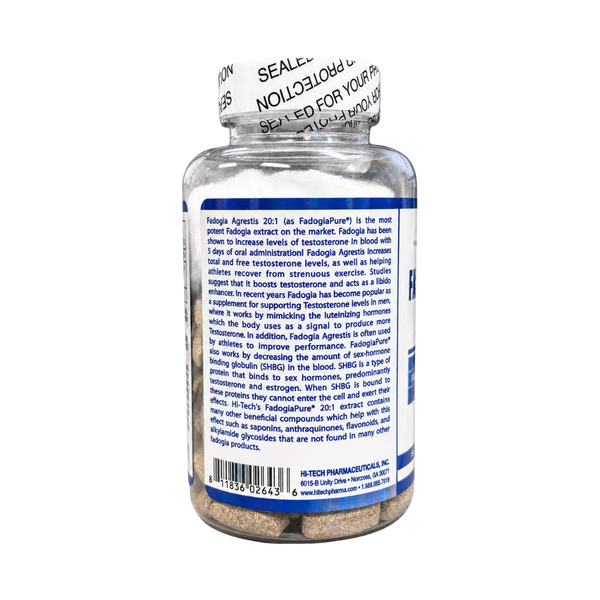 A clear plastic bottle of Fadogia Agrestis dietary supplement by Hi-Tech Pharmaceutical, showing the back label and white wax-sealed cap on a white background.