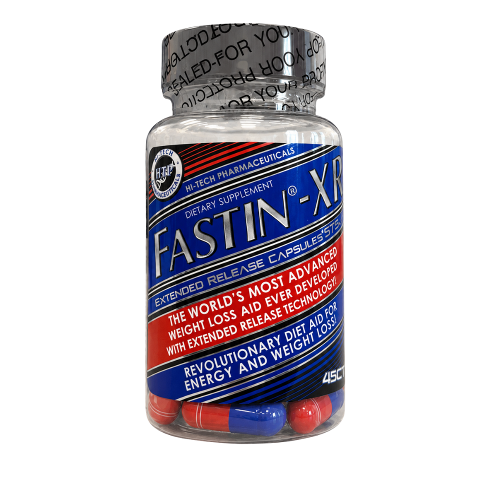 A bottle of Fastin-XP dietary supplement capsules by 4BC, featuring a blue and red label with a silver cap, shown on a white background.