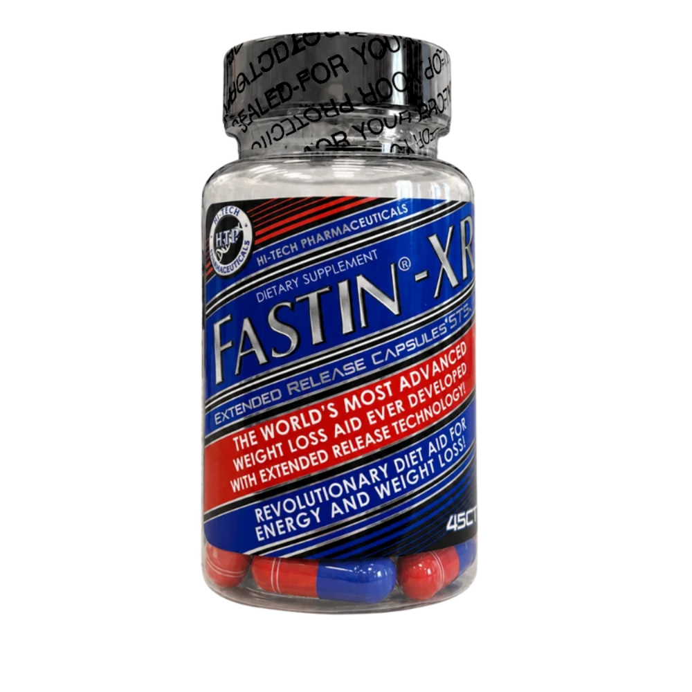 A bottle of Hi-Tech Pharmaceuticals Fastin-XR on a white background.