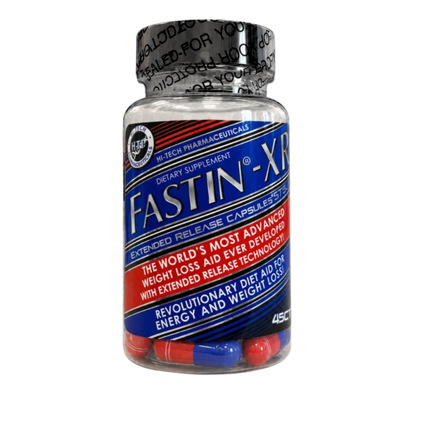 A bottle of Hi-Tech Pharmaceuticals Fastin-XR on a white background.