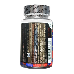 A clear plastic supplement bottle with a silver seal cap, showing red and blue capsules inside. The bottle has a black label with white text and a barcode, set against a plain white background.