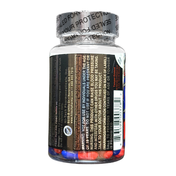 A clear plastic supplement bottle with a silver seal cap, showing red and blue capsules inside. The bottle has a black label with white text and a barcode, set against a plain white background.