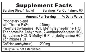 A close-up of a supplement facts label of Hi-Tech Fastin showing a proprietary blend with Thermo-Rx and caffeine (anhydrous) listed with dosages, on a black background.