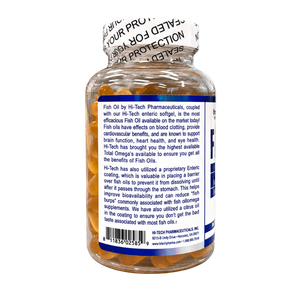 A bottle of Fish Oil dietary supplements by Hi-Tech Pharmaceuticals, showing the back label with text and a barcode on a white background.