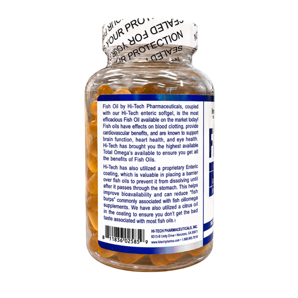 A bottle of Fish Oil dietary supplements by Hi-Tech Pharmaceuticals, showing the back label with text and a barcode on a white background.