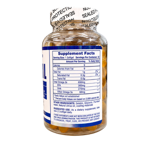 A clear supplement bottle filled with amber liquid, showing the back of the label with a supplement facts table and a white seal tape around the cap, on a white background.