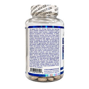 A bottle of Ginkgo Biloba supplement with a white plastic bottle and a blue label, photographed from the back against a white background.