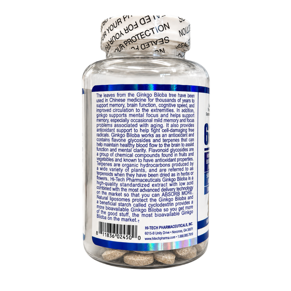 A bottle of Ginkgo Biloba supplement with a white plastic bottle and a blue label, photographed from the back against a white background.