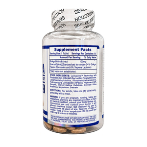 A clear supplement bottle with a white and blue label showing Supplement Facts, sealed with a black-and-white anti-theft tape. The bottle is photographed on a clean white background.
