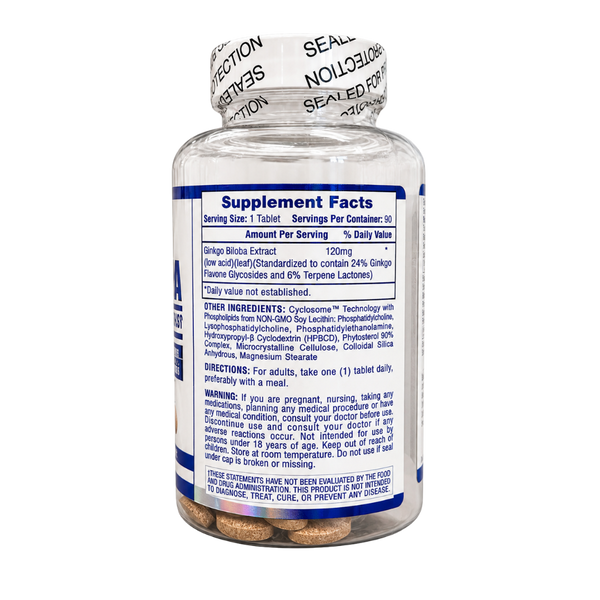 A clear supplement bottle with a white and blue label showing Supplement Facts, sealed with a black-and-white anti-theft tape. The bottle is photographed on a clean white background.