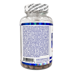A bottle of grape seed extract dietary supplements from H-i-Tech Pharmaceuticals, showing the back label and a partially peeled white cap with a product information seal.