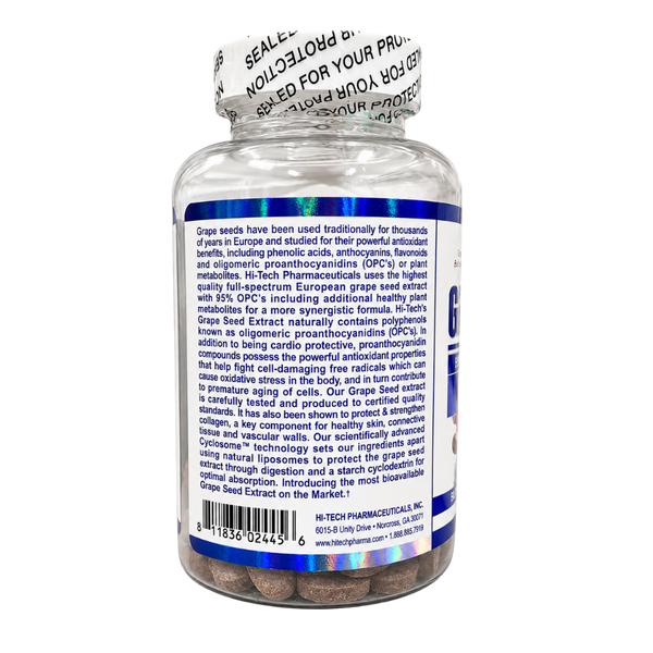 A bottle of grape seed extract dietary supplements from H-i-Tech Pharmaceuticals, showing the back label and a partially peeled white cap with a product information seal.