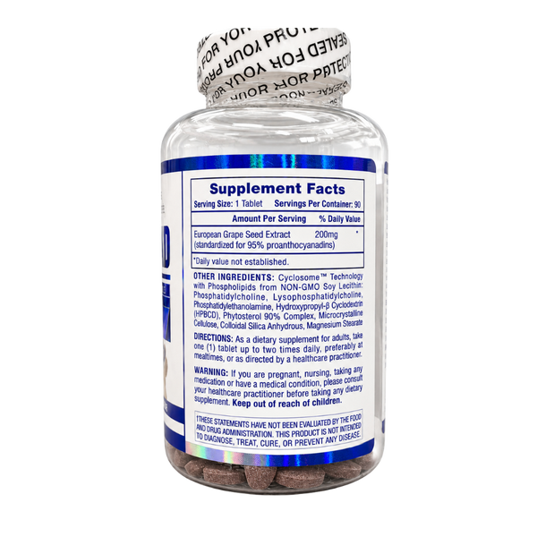 A bottle of dietary supplement containing brown powder, with a white and blue label showing Supplement Facts. The cap is sealed with a black-and-white branded tape reading 'Sealed for Your Protection.