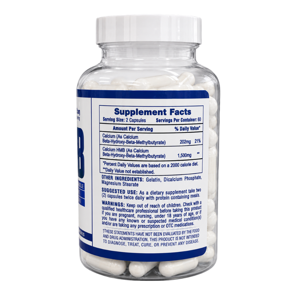 Hi-Tech Pharmaceuticals Hi Tech Pharmaceuticals HMB 1500mg 120 Capsules supplement facts label, suggested use, and warnings listed on the bottle. 