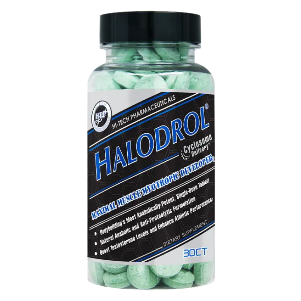 Hi-Tech Pharmaceuticals Halodrol supplement bottle on a white background