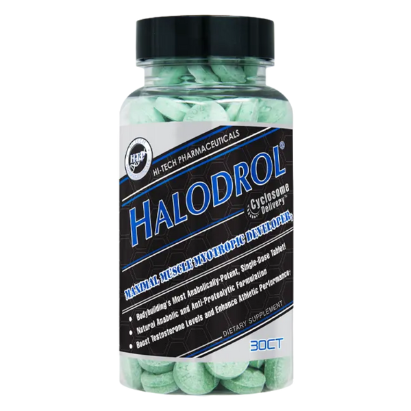 Hi-Tech Pharmaceuticals Halodrol supplement bottle on a white background