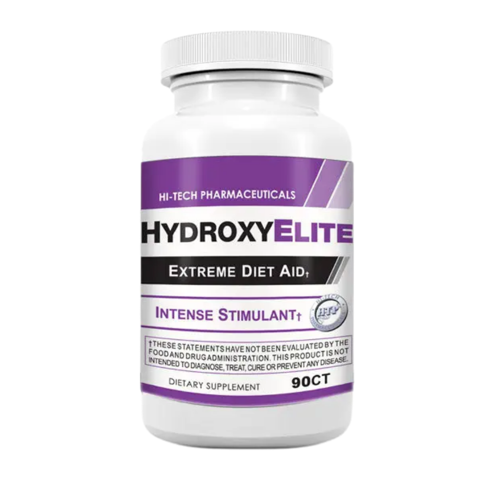 Supplement bottle labeled 'HydroxyElite' by Hi-Tech Pharmaceuticals on a white background