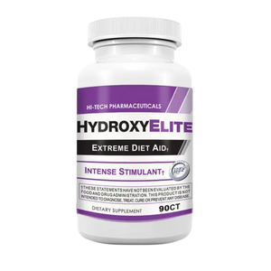 Supplement bottle labeled 'HydroxyElite' by Hi-Tech Pharmaceuticals on a white background