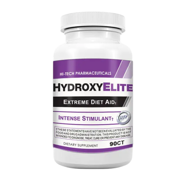 Supplement bottle labeled 'HydroxyElite' by Hi-Tech Pharmaceuticals on a white background