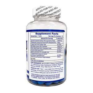 A white supplement bottle with a blue label showing the Supplement Facts panel, photographed against a plain white background.