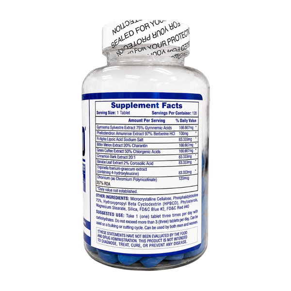 A white supplement bottle with a blue label showing the Supplement Facts panel, photographed against a plain white background.