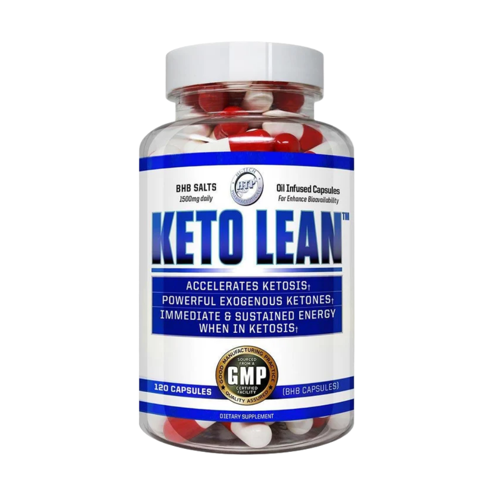 A clear plastic bottle of Keto Lean dietary supplement capsules with a white cap and a white label featuring blue text and borders. Red and white capsules are visible inside the bottle.