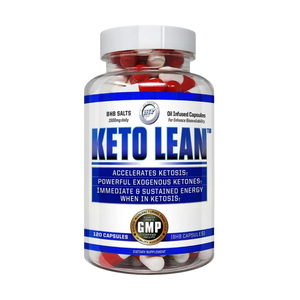 A clear plastic bottle of Keto Lean dietary supplement capsules with a white cap and a white label featuring blue text and borders. Red and white capsules are visible inside the bottle.