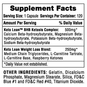 A black-and-white Supplement Facts label showing product information for Keto Lean BHB Ketosis Complex and Keto Lean Weight Loss Blend, with serving size 1 capsule and listed ingredients including beta-hydroxybutyrate, carnitine tartrate, gelatin, and FD&C dyes.