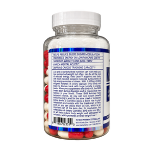 A clear plastic bottle of red and white capsules with a white cap, showing the back label of HI-TECH PHARMACEUTICALS, LLC. supplement.