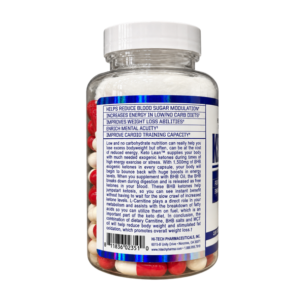 A clear plastic bottle of red and white capsules with a white cap, showing the back label of HI-TECH PHARMACEUTICALS, LLC. supplement.